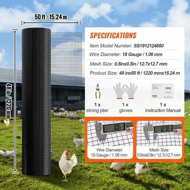 Alt view image 7 of 7 - VEVOR Hardware Cloth, 48'' x 50' Galvanized Wire Mesh Roll, 19 Gauge Chicken Wire Fence Roll, Vinyl Coating Metal Wire Mesh for Chicken Coop Barrier, Rabbit Snake Fences, Poultry Enclosures
