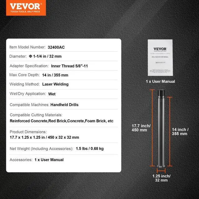 Alt view image 7 of 7 - VEVOR Core Drill Bit, 1-1/4" Wet Diamond Core Drill Bits, 14" Drilling Depth Concrete Core Drill Bit, 5/8"-11 Inner Thread, Laser Welding, Diamond Wet Coring Bit for Concrete Brick and Block