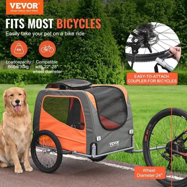 Alt view image 2 of 7 - VEVOR Dog Bike Trailer, Supports up to 66 lbs, Pet Cart Bicycle Carrier, Easy Folding Frame with Quick Release Wheels, Universal Bicycle Coupler, Reflectors, Flag, Collapsible to Store, Orange/Gray