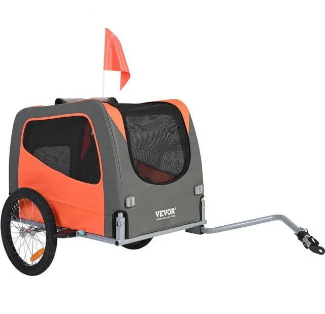 Main image of VEVOR Dog Bike Trailer, Supports up to 66 lbs, Pet Cart Bicycle Carrier, Easy Folding Frame with Quick Release Wheels, Universal Bicycle Coupler, Reflectors, Flag, Collapsible to Store, Orange/Gray
