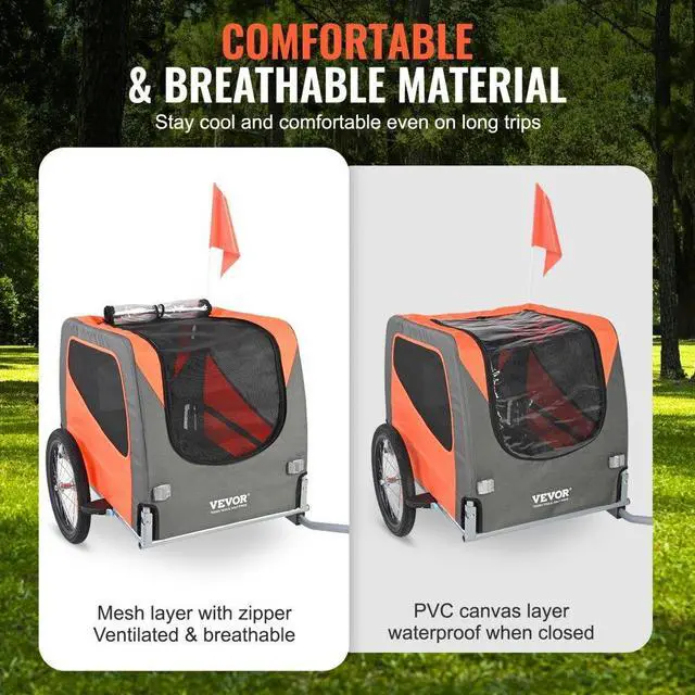Alt view image 4 of 7 - VEVOR Dog Bike Trailer, Supports up to 66 lbs, Pet Cart Bicycle Carrier, Easy Folding Frame with Quick Release Wheels, Universal Bicycle Coupler, Reflectors, Flag, Collapsible to Store, Orange/Gray