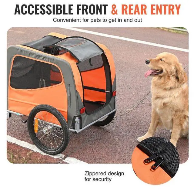 Alt view image 5 of 7 - VEVOR Dog Bike Trailer, Supports up to 66 lbs, Pet Cart Bicycle Carrier, Easy Folding Frame with Quick Release Wheels, Universal Bicycle Coupler, Reflectors, Flag, Collapsible to Store, Orange/Gray