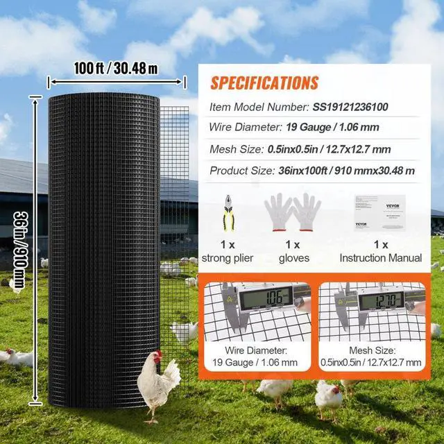 Alt view image 7 of 14 - VEVOR Hardware Cloth, 36'' x 100' Galvanized Wire Mesh Roll, 19 Gauge Chicken Wire Fence Roll, Vinyl Coating Metal Wire Mesh for Chicken Coop Barrier, Rabbit Snake Fences, Poultry Enclosures