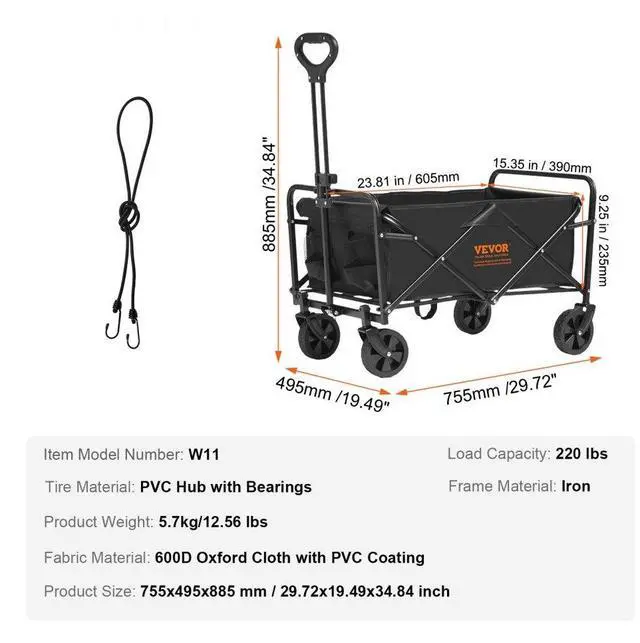 Alt view image 7 of 7 - VEVOR Collapsible Folding Wagon, 2 cu.ft Beach Wagon Cart with All-Terrain 5in Wheels, Heavy Duty Folding Wagon Cart 220 lbs Weight Capacity with Drink Holders, Wagon for Camping, Shopping, Garden