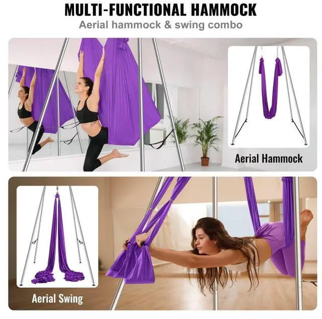 Alt view image 6 of 7 - VEVOR Aerial Yoga Frame & Yoga Hammock, 9.67 ft Height Professional Yoga Swing Stand Comes with 13.1 Yards Aerial Hammock, Max 551.15 lbs Load Capacity Yoga Rig for Indoor Outdoor Aerial Yoga, Purple