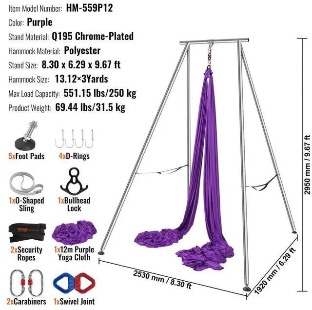 Alt view image 7 of 7 - VEVOR Aerial Yoga Frame & Yoga Hammock, 9.67 ft Height Professional Yoga Swing Stand Comes with 13.1 Yards Aerial Hammock, Max 551.15 lbs Load Capacity Yoga Rig for Indoor Outdoor Aerial Yoga, Purple