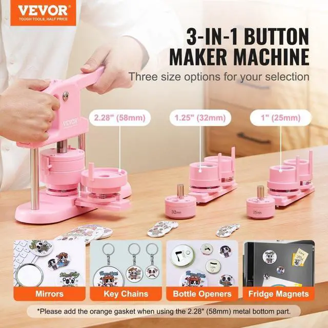 Alt view image 2 of 14 - VEVOR 3-IN-1 Button Maker, 1/1.25/2.28 inch(25/32/58mm) Pin Maker, 300pcs Button Parts,Button Maker Machine with Panda Magic Book,  Ergonomic Arc Handle Punch Press Kit, For Children DIY Gifts, Pink