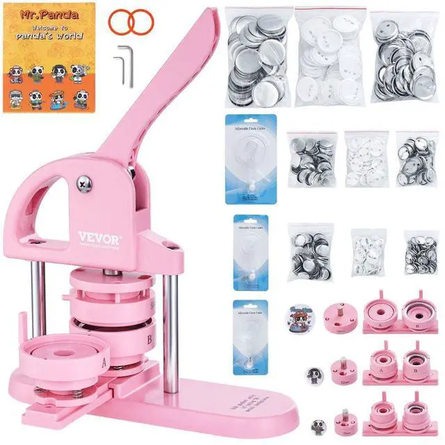 Main image of VEVOR 3-IN-1 Button Maker, 1/1.25/2.28 inch(25/32/58mm) Pin Maker, 300pcs Button Parts,Button Maker Machine with Panda Magic Book,  Ergonomic Arc Handle Punch Press Kit, For Children DIY Gifts, Pink