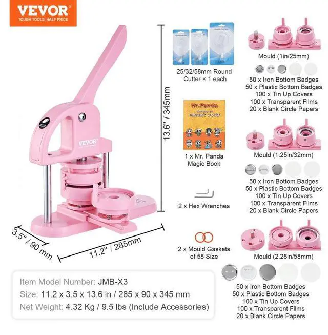 Alt view image 7 of 14 - VEVOR 3-IN-1 Button Maker, 1/1.25/2.28 inch(25/32/58mm) Pin Maker, 300pcs Button Parts,Button Maker Machine with Panda Magic Book,  Ergonomic Arc Handle Punch Press Kit, For Children DIY Gifts, Pink
