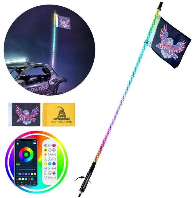 Main image of VEVOR 1 PC 4 FT Whip Light, APP & RF Remote Control Led Whip Light, Waterproof 360° Spiral RGB Chasing Lighted Whips with 2 Flags, for UTVs, ATVs, Motorcycles, RZR, Can-am, Trucks, Off-road, Go-karts