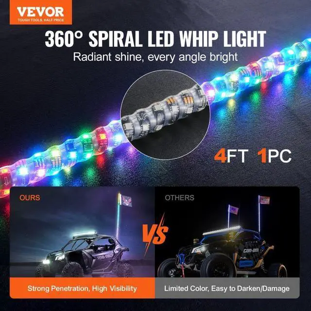 Alt view image 2 of 7 - VEVOR 1 PC 4 FT Whip Light, APP & RF Remote Control Led Whip Light, Waterproof 360° Spiral RGB Chasing Lighted Whips with 2 Flags, for UTVs, ATVs, Motorcycles, RZR, Can-am, Trucks, Off-road, Go-karts