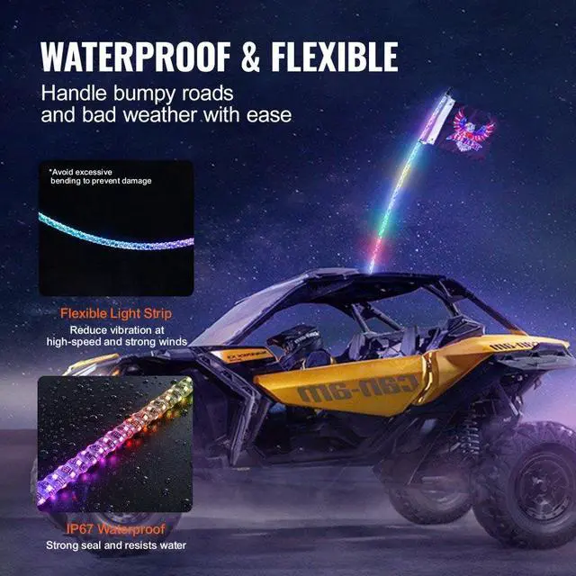 Alt view image 5 of 7 - VEVOR 1 PC 4 FT Whip Light, APP & RF Remote Control Led Whip Light, Waterproof 360° Spiral RGB Chasing Lighted Whips with 2 Flags, for UTVs, ATVs, Motorcycles, RZR, Can-am, Trucks, Off-road, Go-karts