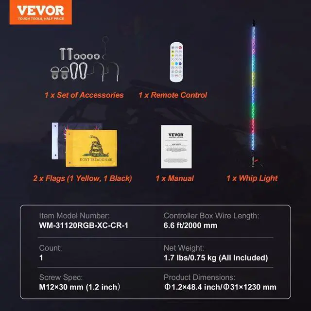 Alt view image 7 of 7 - VEVOR 1 PC 4 FT Whip Light, APP & RF Remote Control Led Whip Light, Waterproof 360° Spiral RGB Chasing Lighted Whips with 2 Flags, for UTVs, ATVs, Motorcycles, RZR, Can-am, Trucks, Off-road, Go-karts