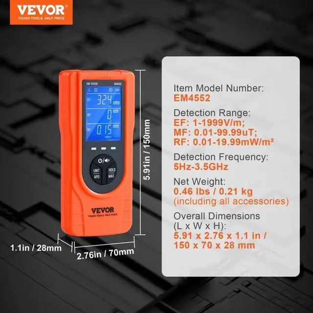 Alt view image 7 of 14 - VEVOR 3-in-1 EMF Meter, 5Hz - 3.5GHz, Handheld Rechargeable Electromagnetic Field Radiation Detector, Digital LCD EMF Tester for EF MF RF Home Inspections Outdoor Ghost Hunting Paranormal Equipment