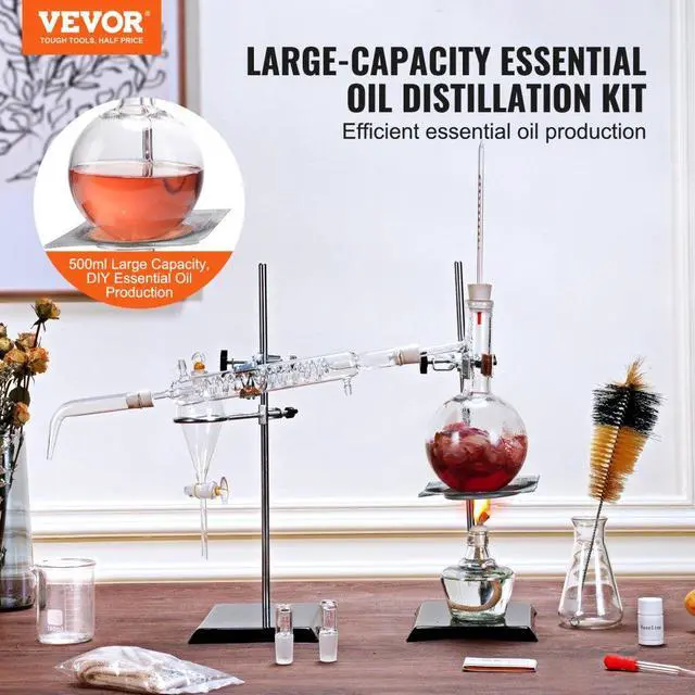 Alt view image 2 of 7 - VEVOR Essential Oil Distillation Kit, 500ml Distillation Apparatus, 3.3 Boro Lab Glassware Distillation Kit with Alcohol Lamp, Ceramic Mesh and 24, 40 Joint, 28 pcs Set