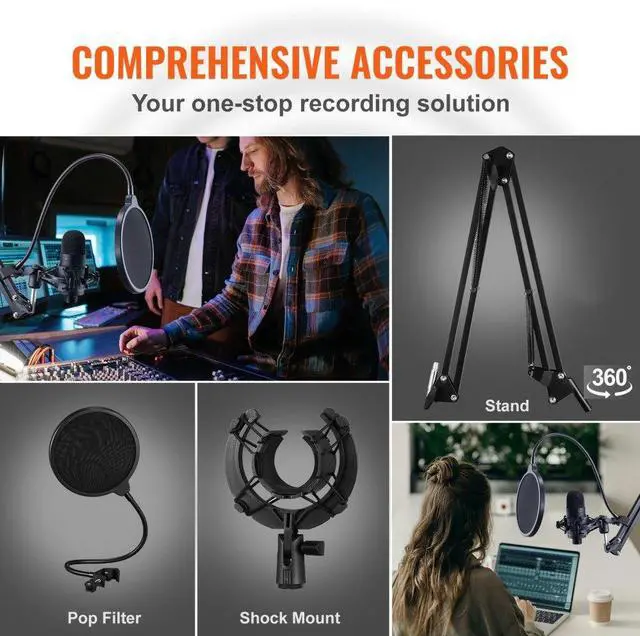 Alt view image 5 of 7 - VEVOR USB Microphone, 192kHz/24-bit, Professional Condenser Microphone Kit, with Boom Arm Stand Pop Filter Shock Mount Mute Button Headphones Jack, for Podcast Recording Video Gaming Singing Streaming