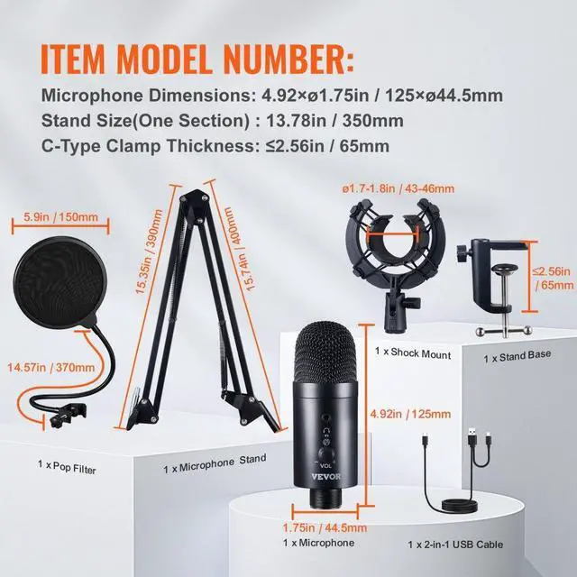 Alt view image 7 of 7 - VEVOR USB Microphone, 192kHz/24-bit, Professional Condenser Microphone Kit, with Boom Arm Stand Pop Filter Shock Mount Mute Button Headphones Jack, for Podcast Recording Video Gaming Singing Streaming