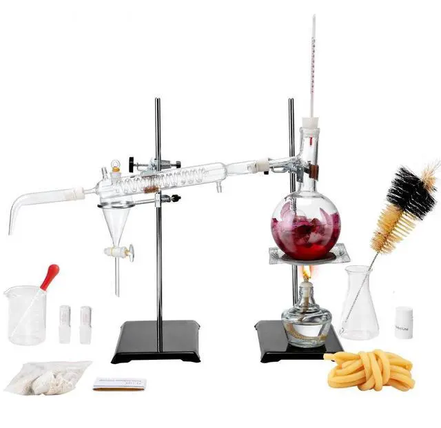 Main image of VEVOR Essential Oil Distillation Kit, 500ml Distillation Apparatus, 3.3 Boro Lab Glassware Distillation Kit with Alcohol Lamp, Ceramic Mesh and 24, 40 Joint, 28 pcs Set