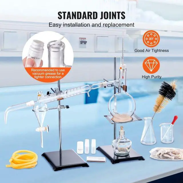 Alt view image 4 of 7 - VEVOR Essential Oil Distillation Kit, 500ml Distillation Apparatus, 3.3 Boro Lab Glassware Distillation Kit with Alcohol Lamp, Ceramic Mesh and 24, 40 Joint, 28 pcs Set