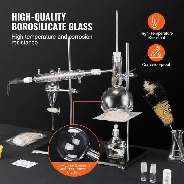 Alt view image 3 of 7 - VEVOR Essential Oil Distillation Kit, 500ml Distillation Apparatus, 3.3 Boro Lab Glassware Distillation Kit with Alcohol Lamp, Ceramic Mesh and 24, 40 Joint, 28 pcs Set