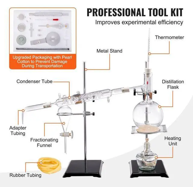 Alt view image 6 of 7 - VEVOR Essential Oil Distillation Kit, 500ml Distillation Apparatus, 3.3 Boro Lab Glassware Distillation Kit with Alcohol Lamp, Ceramic Mesh and 24, 40 Joint, 28 pcs Set
