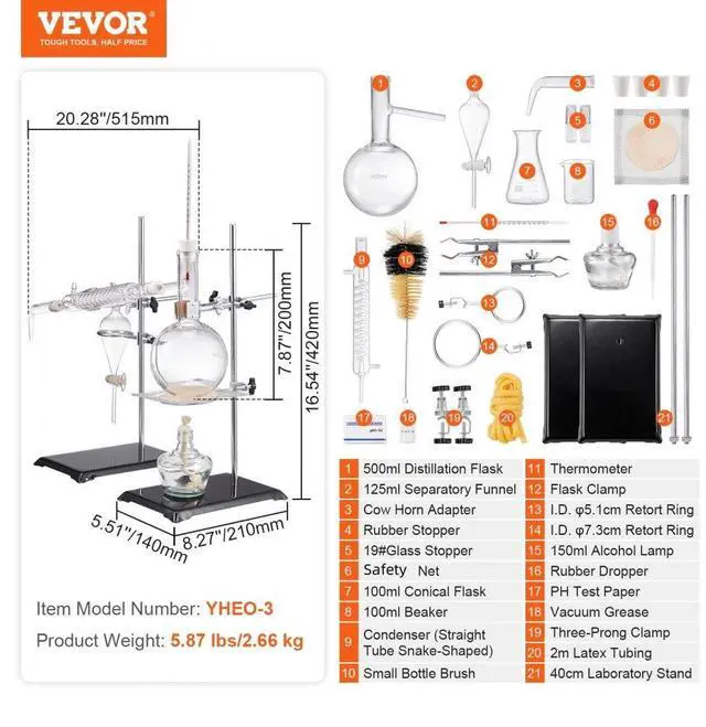 Alt view image 7 of 7 - VEVOR Essential Oil Distillation Kit, 500ml Distillation Apparatus, 3.3 Boro Lab Glassware Distillation Kit with Alcohol Lamp, Ceramic Mesh and 24, 40 Joint, 28 pcs Set