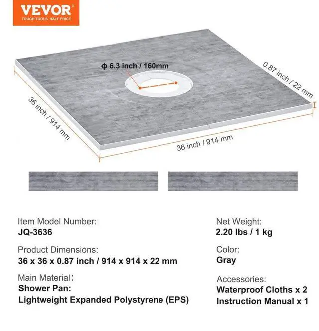 Alt view image 7 of 13 - VEVOR Shower Curb Kit, 36"x36" Shower Pan Kit with 6.3" Central Drain, Lightweight EPS Shower Installation Kits with 2 Waterproof Cloths, Shower Pan Slope Sticks Fit for Bathroom