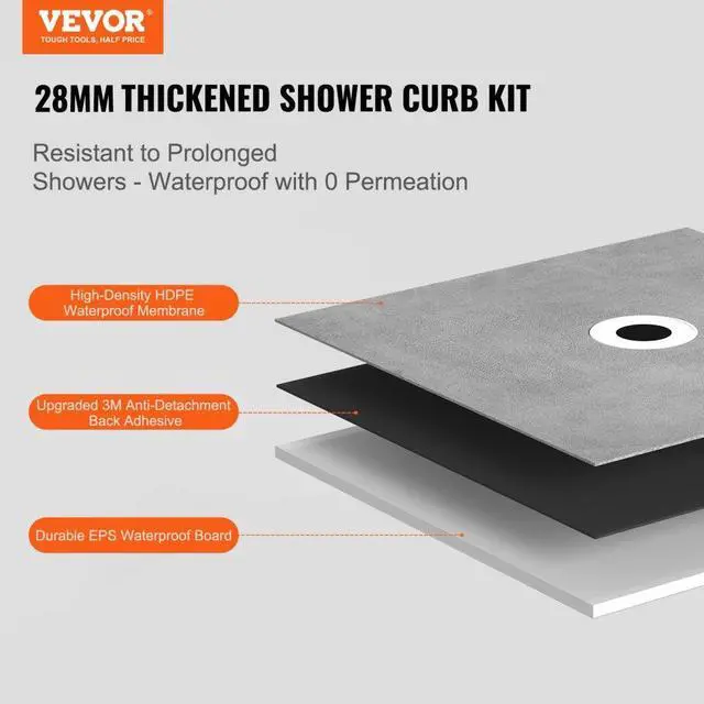 Alt view image 2 of 14 - VEVOR Shower Curb Kit, 60"x38" Shower Pan Kit with 6.3" Central Drain, Lightweight EPS Shower Installation Kits with 2 Waterproof Cloths, Shower Pan Slope Sticks Fit for Bathroom