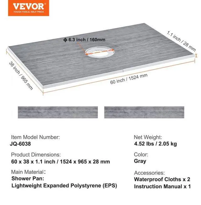 Alt view image 7 of 14 - VEVOR Shower Curb Kit, 60"x38" Shower Pan Kit with 6.3" Central Drain, Lightweight EPS Shower Installation Kits with 2 Waterproof Cloths, Shower Pan Slope Sticks Fit for Bathroom