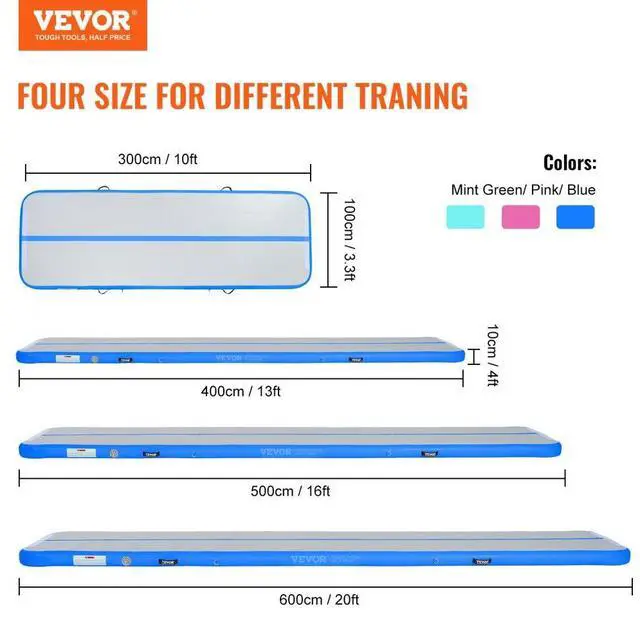 Alt view image 2 of 7 - VEVOR Gymnastics Air Mat, 4 inch Thickness Inflatable Gymnastics Tumbling Mat, Tumble Track with Electric Pump, Training Mats for Home Use/Gym/Yoga/Cheerleading/Beach/Park/Water, 13 ft, Blue