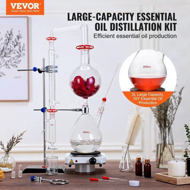 Alt view image 2 of 7 - VEVOR Essential Oil Distillation Kit, 2000ml Distillation Apparatus, 3.3 Boro Lab Glassware Distillation Kit with 1000W Heating Plate and 24, 40 Joint, 28 pcs Set