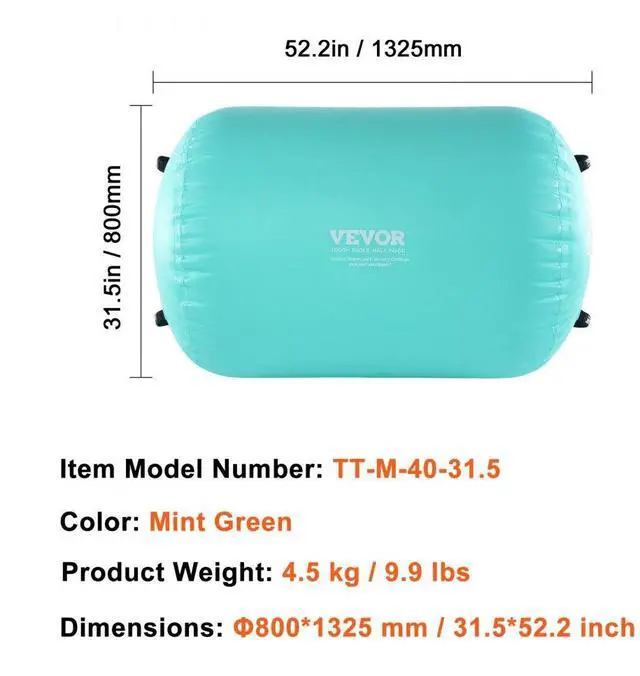 Alt view image 7 of 7 - VEVOR Air Mat Tumble Track Air Spot, Round Inflatable Air Roller, Air Barrel Gymnastic Equipment with Electric Pump, Tumbling Backbend Trainer for Home Use/Gym/Yoga/Cheerleading/Park/Water, Mint Green