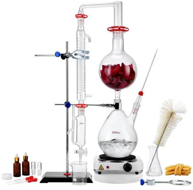 Main image of VEVOR Essential Oil Distillation Kit, 2000ml Distillation Apparatus, 3.3 Boro Lab Glassware Distillation Kit with 1000W Heating Plate and 24, 40 Joint, 28 pcs Set