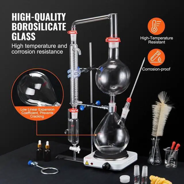 Alt view image 3 of 7 - VEVOR Essential Oil Distillation Kit, 2000ml Distillation Apparatus, 3.3 Boro Lab Glassware Distillation Kit with 1000W Heating Plate and 24, 40 Joint, 28 pcs Set