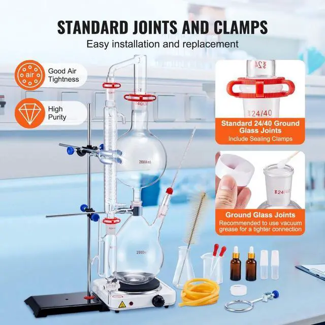 Alt view image 4 of 7 - VEVOR Essential Oil Distillation Kit, 2000ml Distillation Apparatus, 3.3 Boro Lab Glassware Distillation Kit with 1000W Heating Plate and 24, 40 Joint, 28 pcs Set