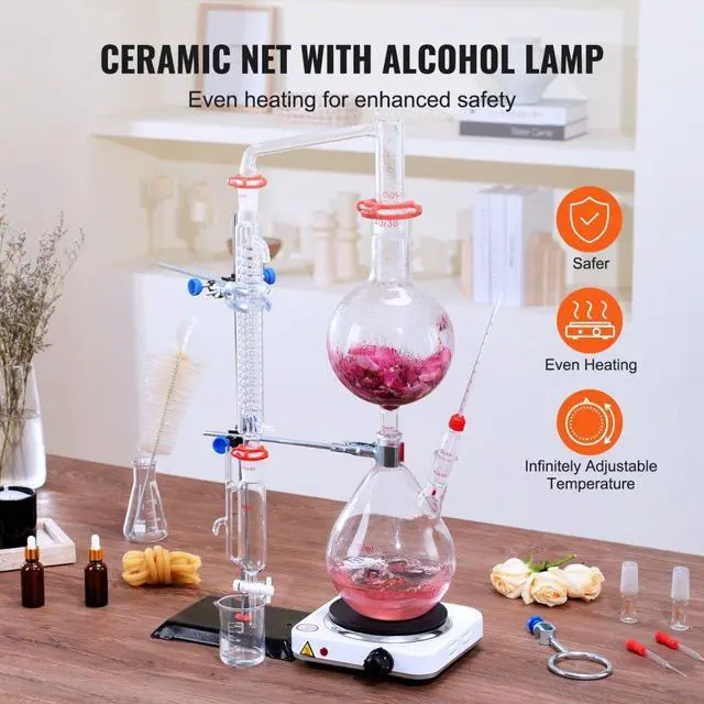 Alt view image 5 of 7 - VEVOR Essential Oil Distillation Kit, 2000ml Distillation Apparatus, 3.3 Boro Lab Glassware Distillation Kit with 1000W Heating Plate and 24, 40 Joint, 28 pcs Set