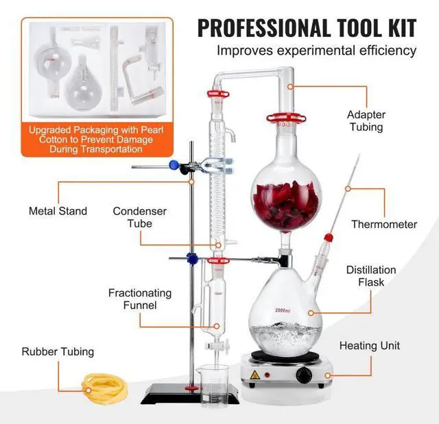 Alt view image 6 of 7 - VEVOR Essential Oil Distillation Kit, 2000ml Distillation Apparatus, 3.3 Boro Lab Glassware Distillation Kit with 1000W Heating Plate and 24, 40 Joint, 28 pcs Set