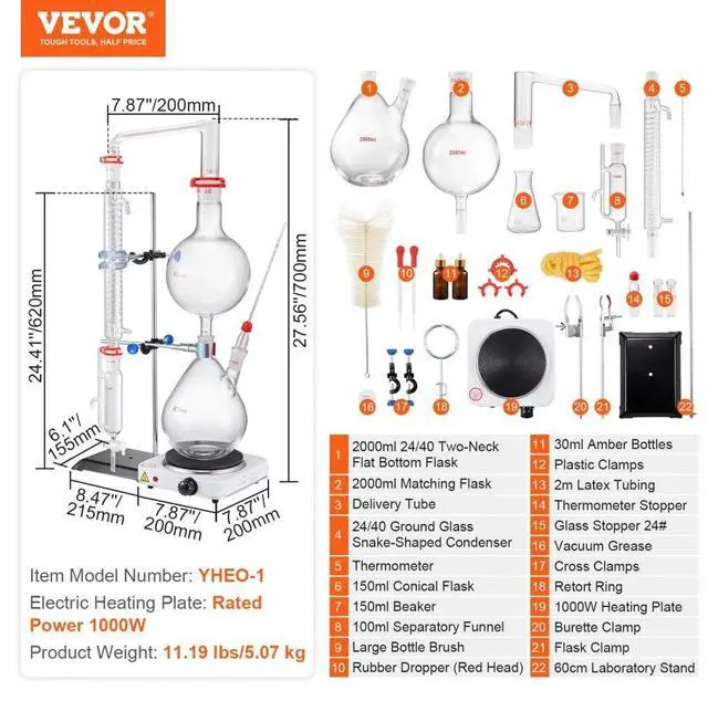Alt view image 7 of 7 - VEVOR Essential Oil Distillation Kit, 2000ml Distillation Apparatus, 3.3 Boro Lab Glassware Distillation Kit with 1000W Heating Plate and 24, 40 Joint, 28 pcs Set