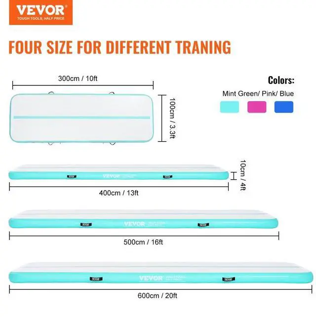Alt view image 2 of 7 - VEVOR Gymnastics Air Mat, 4 inch Thickness Inflatable Gymnastics Tumbling Mat, Tumble Track with Electric Pump, Training Mats for Home Use/Gym/Yoga/Cheerleading/Beach/Park/Water, 20 ft, Mint Green