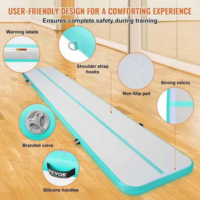 Alt view image 5 of 7 - VEVOR Gymnastics Air Mat, 4 inch Thickness Inflatable Gymnastics Tumbling Mat, Tumble Track with Electric Pump, Training Mats for Home Use/Gym/Yoga/Cheerleading/Beach/Park/Water, 20 ft, Mint Green