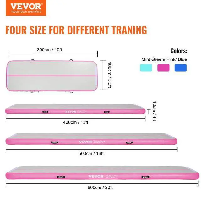 Alt view image 2 of 7 - VEVOR Gymnastics Air Mat, 4 inch Thickness Inflatable Gymnastics Tumbling Mat, Tumble Track with Electric Pump, Training Mats for Home Use/Gym/Yoga/Cheerleading/Beach/Park/Water, 10 ft, Pink