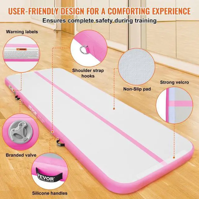 Alt view image 5 of 7 - VEVOR Gymnastics Air Mat, 4 inch Thickness Inflatable Gymnastics Tumbling Mat, Tumble Track with Electric Pump, Training Mats for Home Use/Gym/Yoga/Cheerleading/Beach/Park/Water, 10 ft, Pink