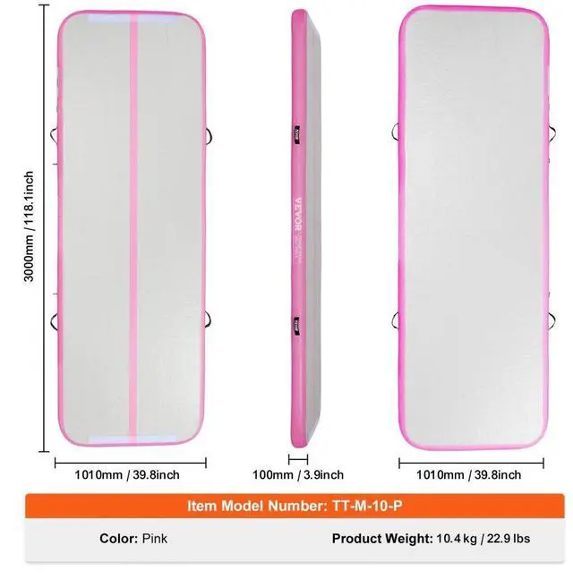 Alt view image 7 of 7 - VEVOR Gymnastics Air Mat, 4 inch Thickness Inflatable Gymnastics Tumbling Mat, Tumble Track with Electric Pump, Training Mats for Home Use/Gym/Yoga/Cheerleading/Beach/Park/Water, 10 ft, Pink