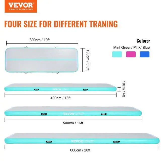 Alt view image 2 of 7 - VEVOR Gymnastics Air Mat, 4 inch Thickness Inflatable Gymnastics Tumbling Mat, Tumble Track with Electric Pump, Training Mats for Home Use/Gym/Yoga/Cheerleading/Beach/Park/Water, 13 ft, Mint Green