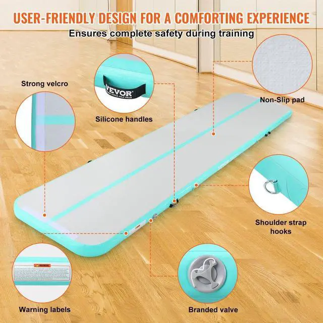 Alt view image 5 of 7 - VEVOR Gymnastics Air Mat, 4 inch Thickness Inflatable Gymnastics Tumbling Mat, Tumble Track with Electric Pump, Training Mats for Home Use/Gym/Yoga/Cheerleading/Beach/Park/Water, 13 ft, Mint Green