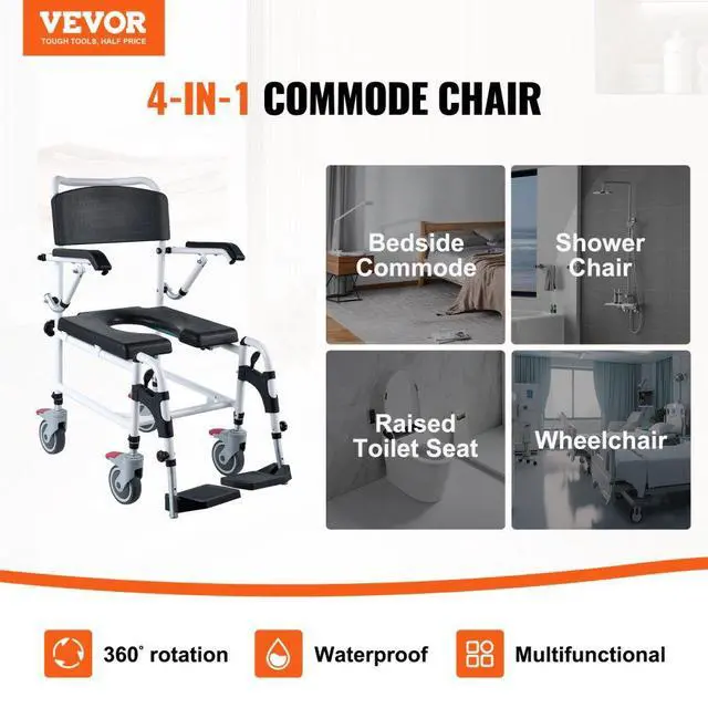 Alt view image 2 of 7 - VEVOR Shower Commode Wheelchair with 4 Lockable Wheels, Footrests, Flip-up Arms, 3-Level Adjustable Height, 5L Removable Bucket, 350 LBS Capacity, Commode Chair for Adults Seniors