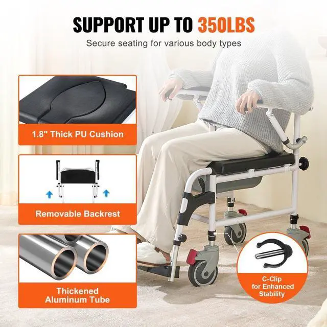 Alt view image 3 of 7 - VEVOR Shower Commode Wheelchair with 4 Lockable Wheels, Footrests, Flip-up Arms, 3-Level Adjustable Height, 5L Removable Bucket, 350 LBS Capacity, Commode Chair for Adults Seniors