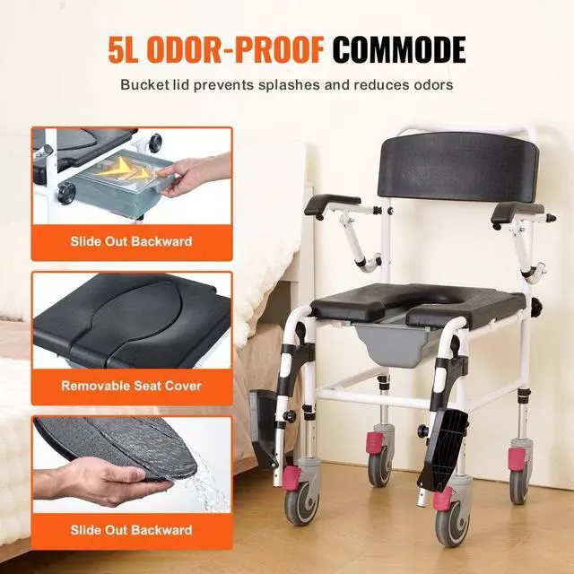 Alt view image 6 of 7 - VEVOR Shower Commode Wheelchair with 4 Lockable Wheels, Footrests, Flip-up Arms, 3-Level Adjustable Height, 5L Removable Bucket, 350 LBS Capacity, Commode Chair for Adults Seniors