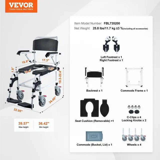 Alt view image 7 of 7 - VEVOR Shower Commode Wheelchair with 4 Lockable Wheels, Footrests, Flip-up Arms, 3-Level Adjustable Height, 5L Removable Bucket, 350 LBS Capacity, Commode Chair for Adults Seniors
