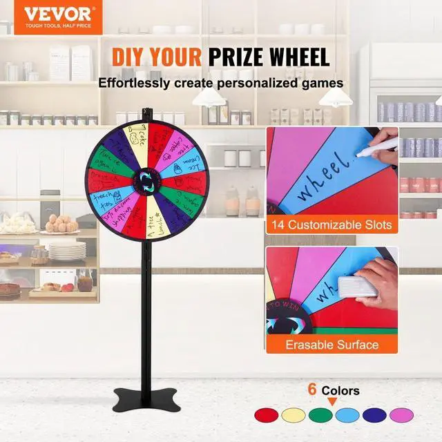 Alt view image 2 of 7 - VEVOR 24 inch Spinning Prize Wheel, 14 Slots Spinning Wheel, Roulette Wheel with a Dry Erase and 2 Markers, Tabletop or Floor Standing Win Fortune Spin Games in Party Pub Trade Show Carnival